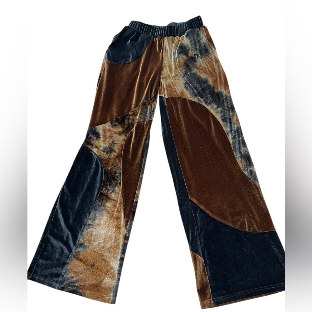 Jaded London Velvet Patchwork Flare Pants Tie Dye Wide Leg Boho Retro womens